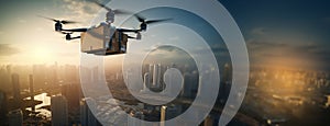 Drone delivering package.Package cardboard box drones fly above sky in the city,business concept and air transportation