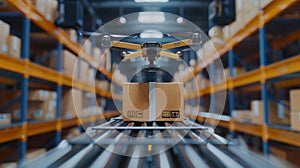 Drone delivering packages in a cutting-edge logistics facility