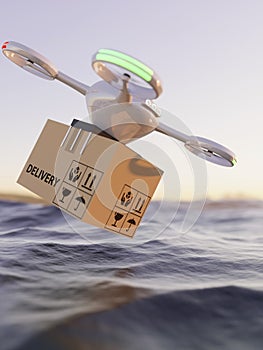 Drone delivering packages over the sea 3d render