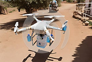 A drone delivering water in Africa