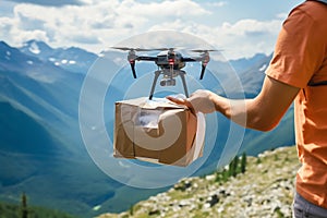 A drone delivers food, drinks or medicine in cardboard packaging to the mountains. A man receives an order or assistance