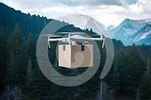 Drone delivers goods over forested mountains in cardboard box