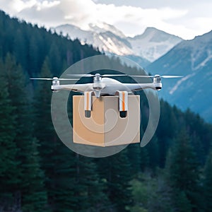 Drone delivers goods over forested mountains in cardboard box
