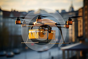 A drone delivers a large yellow postal package to an urban city