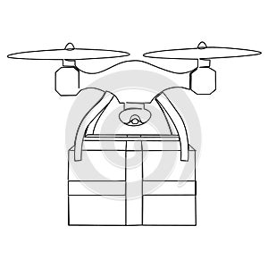 The drone delivers the package. Drawn by hand in one continuous line.