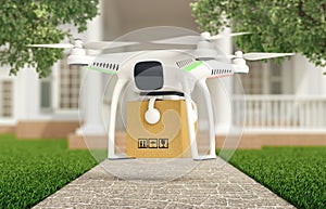 Drone delivers a parcel in front of the house