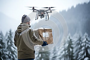 Drone delivery of cargo through a winter forest in snowfall