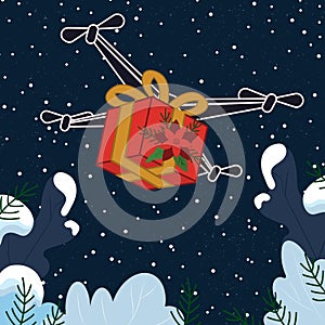 Drone delivery of Christmas gifts. Sky transportation, shipping airmail express. Vector