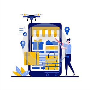 Drone delivery concept with character. People using mobile app for ordering, fast shipping box package by air. Business logistic