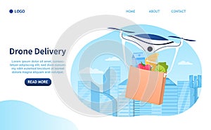 Drone delivery concept. Contactless delivery of products. Catering Service. Air delivery. Modern technology. Perfect for
