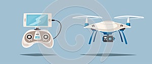 Drone for delivery and entertainments. Modern technologies. Cartoon vector illustration