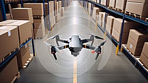 A drone for delivery flies in a modern warehouse between rows of racks with boxes