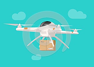 Drone delivery flying in sky shipping parcel box vector illustration