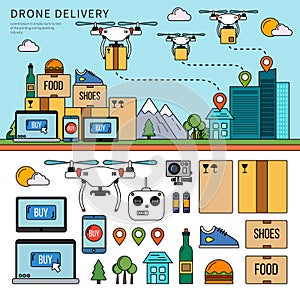 Drone delivery line flat vector