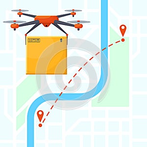 Drone delivery service, quadcopter gadget map location. Delivery unmanned drone carrying package box vector illustration