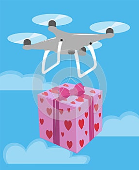 Drone delivery Valentine Day romantic gift box pink heart. Vector