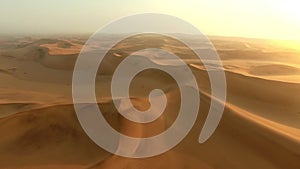 Drone, desert or sand landscape in Namibia for sunset, nature beauty on dry land, horizon or Africa. Aerial view, earth