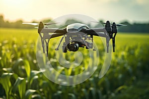 Drone with digital camera flying over corn field at sunset time, Agriculture Drone Monitoring Green Corn Field, AI Generated