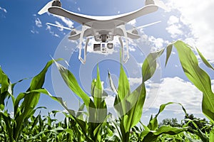 Drone with digital camera flying over cultivated field