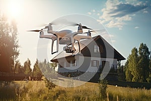 Drone with digital camera flying over house. Generative AI