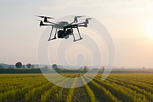 Drone with digital camera flying in the rice field at sunset. Generative AI