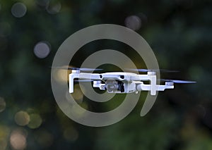 The drone . drone in flight. Close-up of the quadcopter outdoors