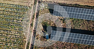Drone, engineering or people with solar panels on a farm for renewable energy, clean electricity or sustainability