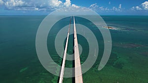 Drone Epic Bridge Over Ocean in the Florida Keys. Aerial Flight Over Seven Mile Bridge Florida Day