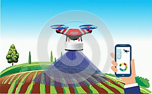 Drone farming illustration. Farming with drone using smartphone and laptop. Data annalist of the plot