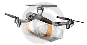 The drone flew across the sky with smuggling. The drone transports forbidden goods across the border breaking the law. Drug