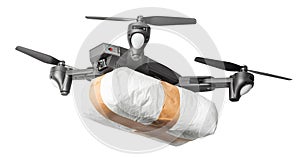 The drone flew across the sky with smuggling. The drone transports forbidden goods across the border breaking the law. Drug photo