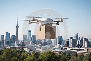 Drone flies in city, delivering order in cardboard box photo