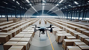 A drone flies in a modern warehouse between rows of racks with boxes