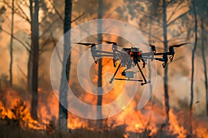 Drone flies over forest fire, capturing flames engulfing trees and grass