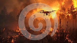 A drone flies over a forest fire. Smoky sky, the fire is spreading fast. The use of the latest technologies in firefighting