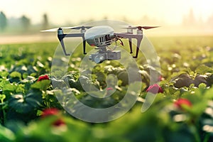 A drone that flies over a strawberry plantation and sprays chemicals.