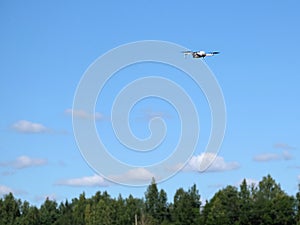 Drone in flight above forest tree tops under blue sky with light white clouds in bright sunny summer day