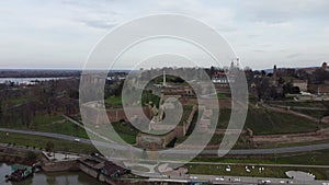 Drone flight above the Kalemegdan fortress at Belgrade. Summer photo from drone. Serbia