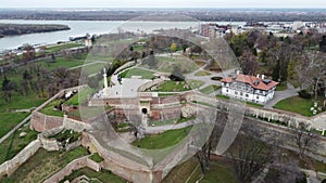 Drone flight above the Kalemegdan fortress at Belgrade. Summer photo from drone. Serbia