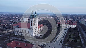 Drone flight above Sombor town, square and architecture, Vojvodina region of Serbia, Europe. 4k