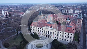 Drone flight above Sombor town, square and architecture, Vojvodina region of Serbia, Europe. 4k