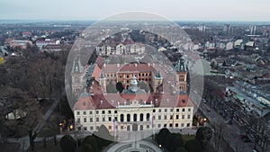 Drone flight above Sombor town, square and architecture, Vojvodina region of Serbia, Europe. 4k