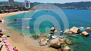 Drone Flight: Advancing Over Condesa Beach Towards Rocky Formations, Acapulco