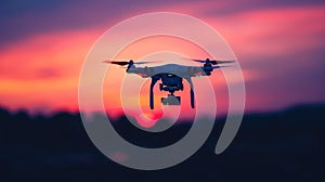 Drone in flight against a colorful sunset sky. Aerial photography concept