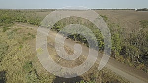 Drone flight along a dirt rural road next to an agricultural field