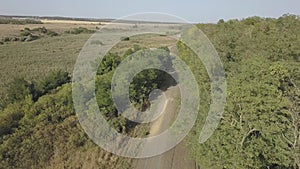 Drone flight along a dirt rural road next to an agricultural field