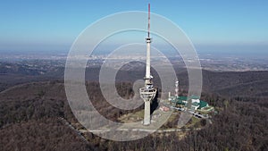 Drone flight near the TV tower, bombed by NATO army in 1999, Irishki venac, Frushka tower, Novi Sad, Serbia, Europe. 4K