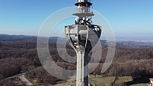 Drone flight near the TV tower, bombed by NATO army in 1999, Irishki venac, Frushka tower, Novi Sad, Serbia, Europe. 4K