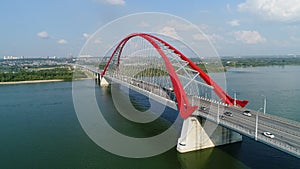 Drone flight over the river. cable-stayed bridge.beautiful landscape