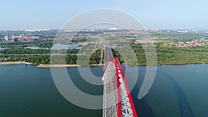 Drone flight over the river. cable-stayed bridge.beautiful landscape